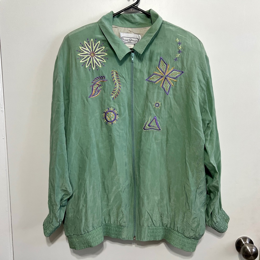 Vintage Saint Germain Paris Embroidered Bomber Jacket Size L Green Designer Luxe
